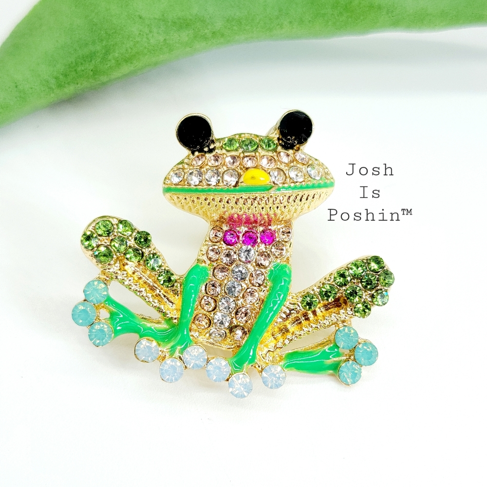 Gold Green Crystal Frog Pin Brooch